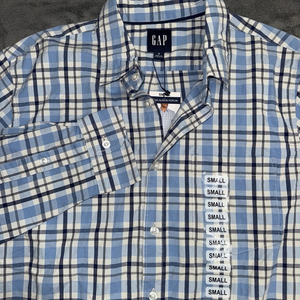 Men's Small GAP Plaid Button Down Long Sleeve Shirt Blue White NWT